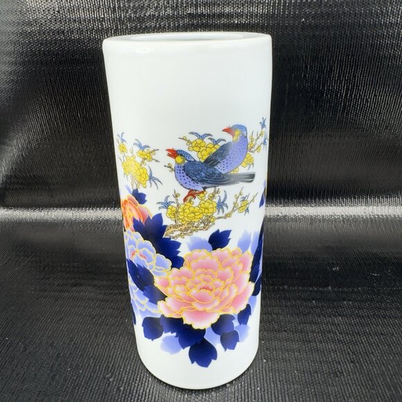 Vintage Oriental Chinese Calligraphy Ceramic Vase Vessel Raised Paint Birds VTG - Picture 15 of 16